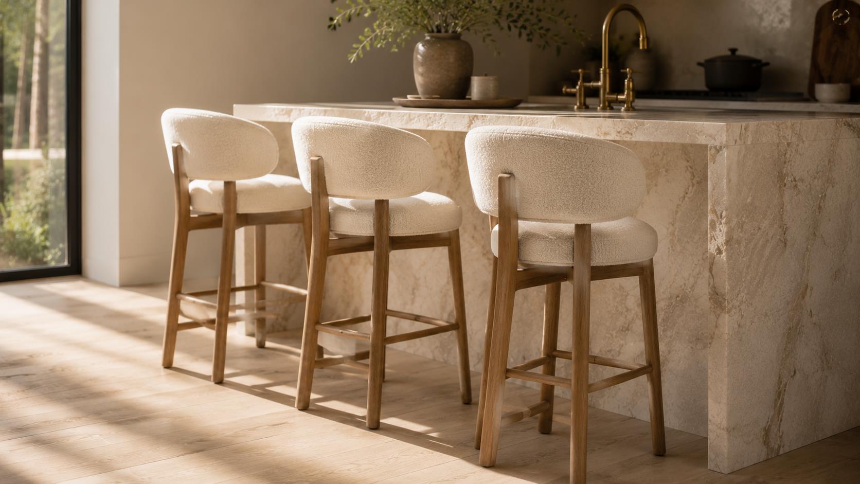 Sculptural Bouclé Counter Stools with Oak Frames